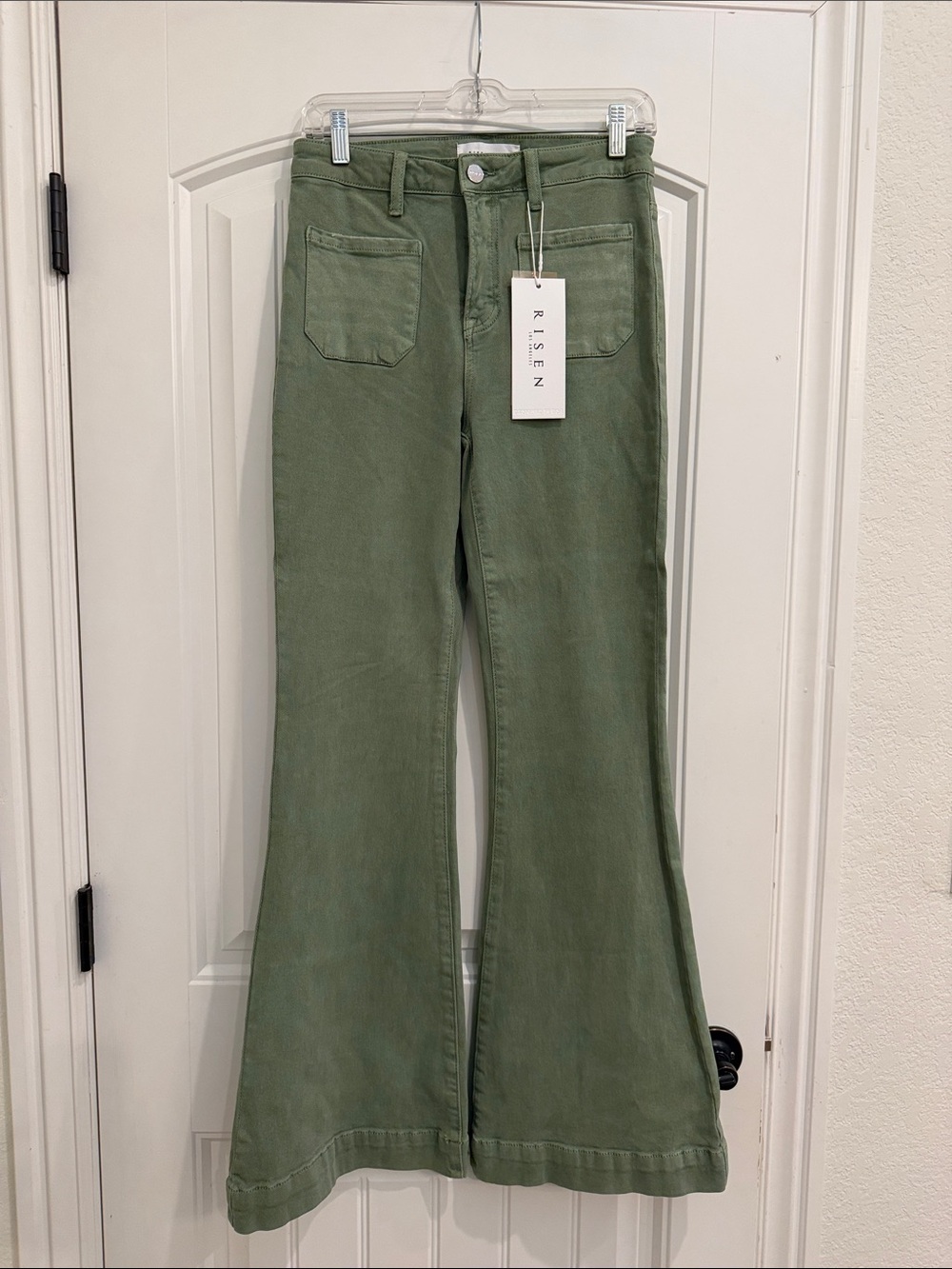RISEN Olive Green Flare. Leg Jeans for Women